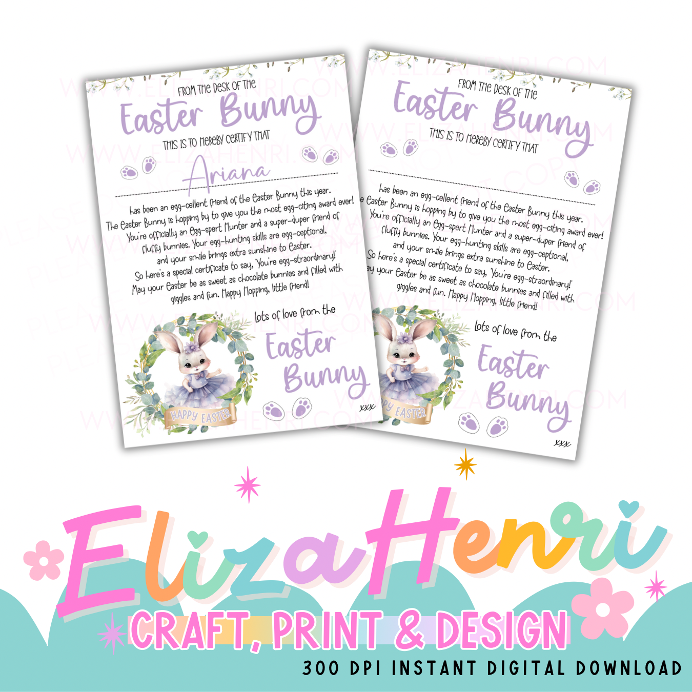 Girls Lilac Easter Bunny Wreath Certificates Digital Download