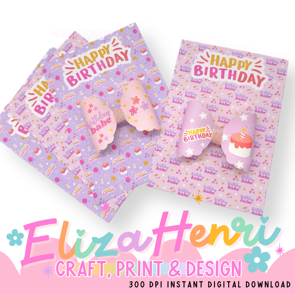 Happy Birthday Pink & Lilac Bow Cards A6 Size- Digital Download- 2 Designs