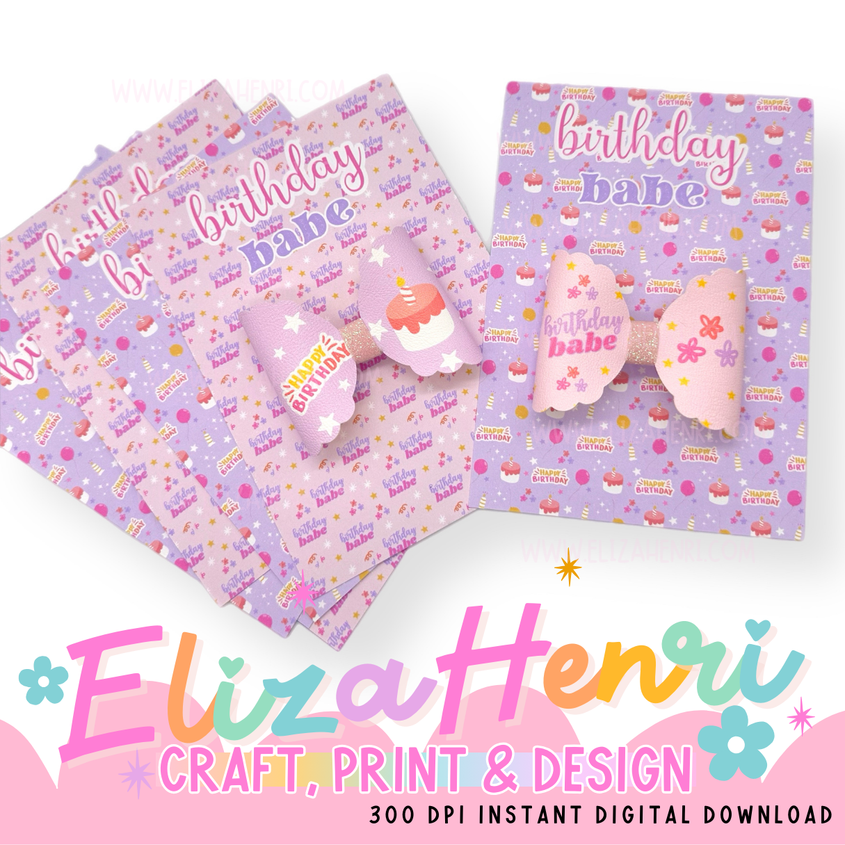 Birthday Babe Pink & Lilac Bow Cards A6 Size- Digital Download- 2 Designs