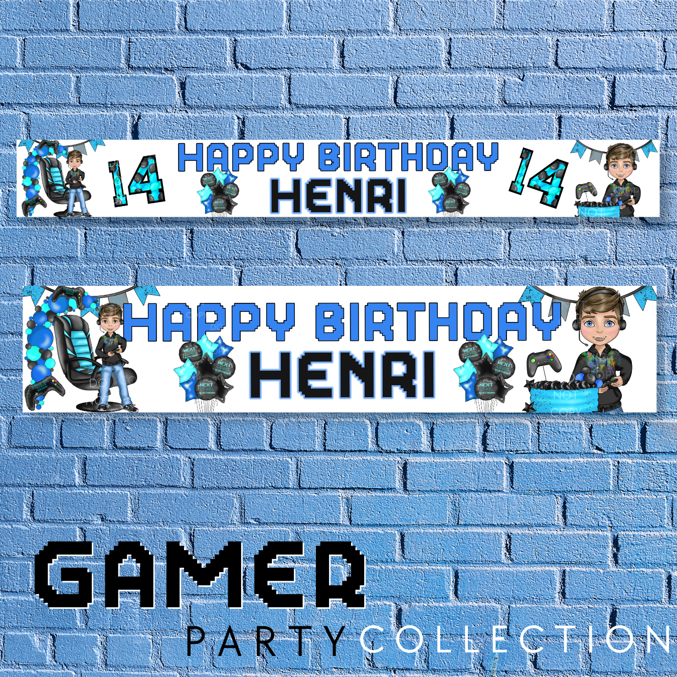 Gamer Boy Blue Personalised Faux Leather Party, Birthday & Celebration Banners