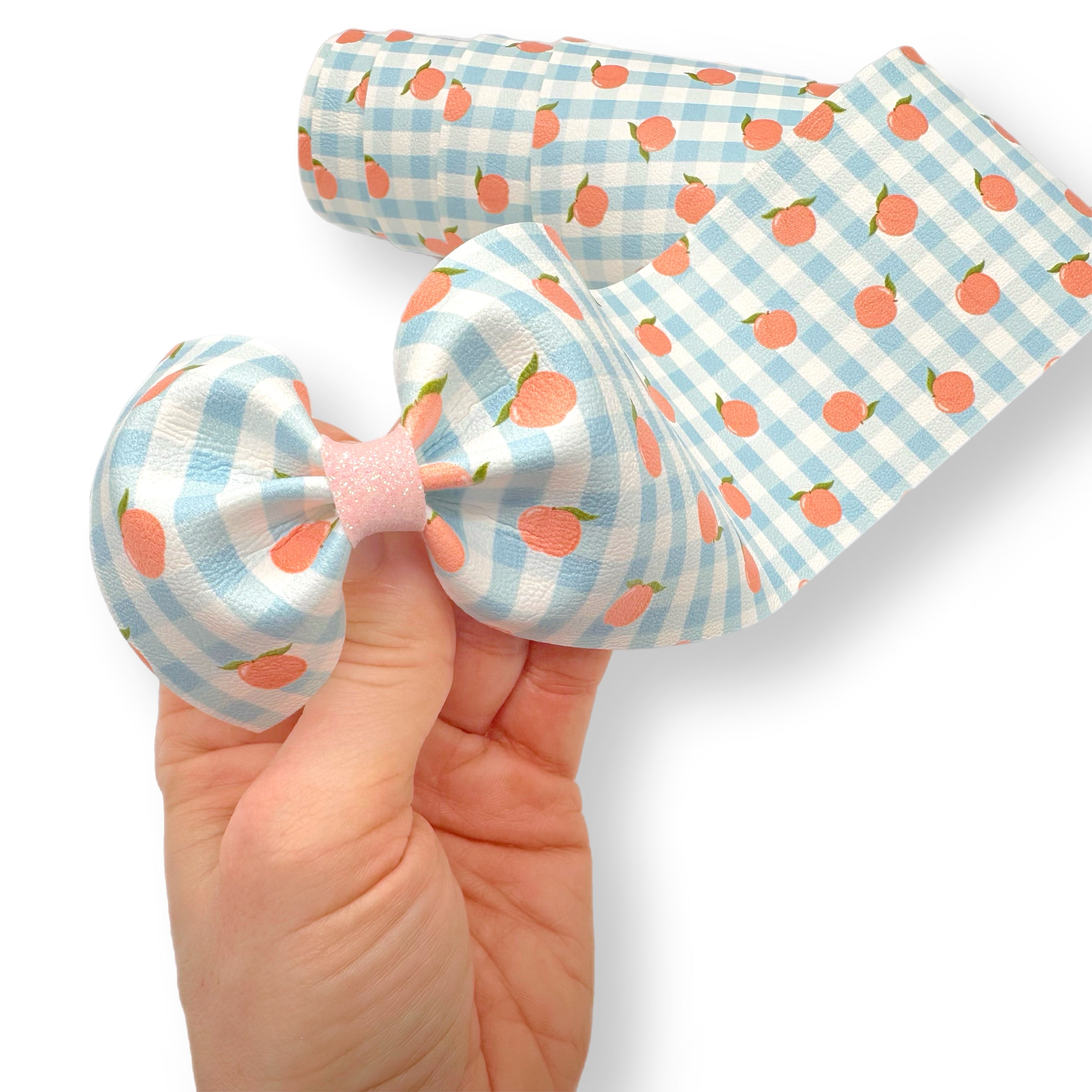 Peaches Blue Gingham Faux Leather Mega Bow Strips