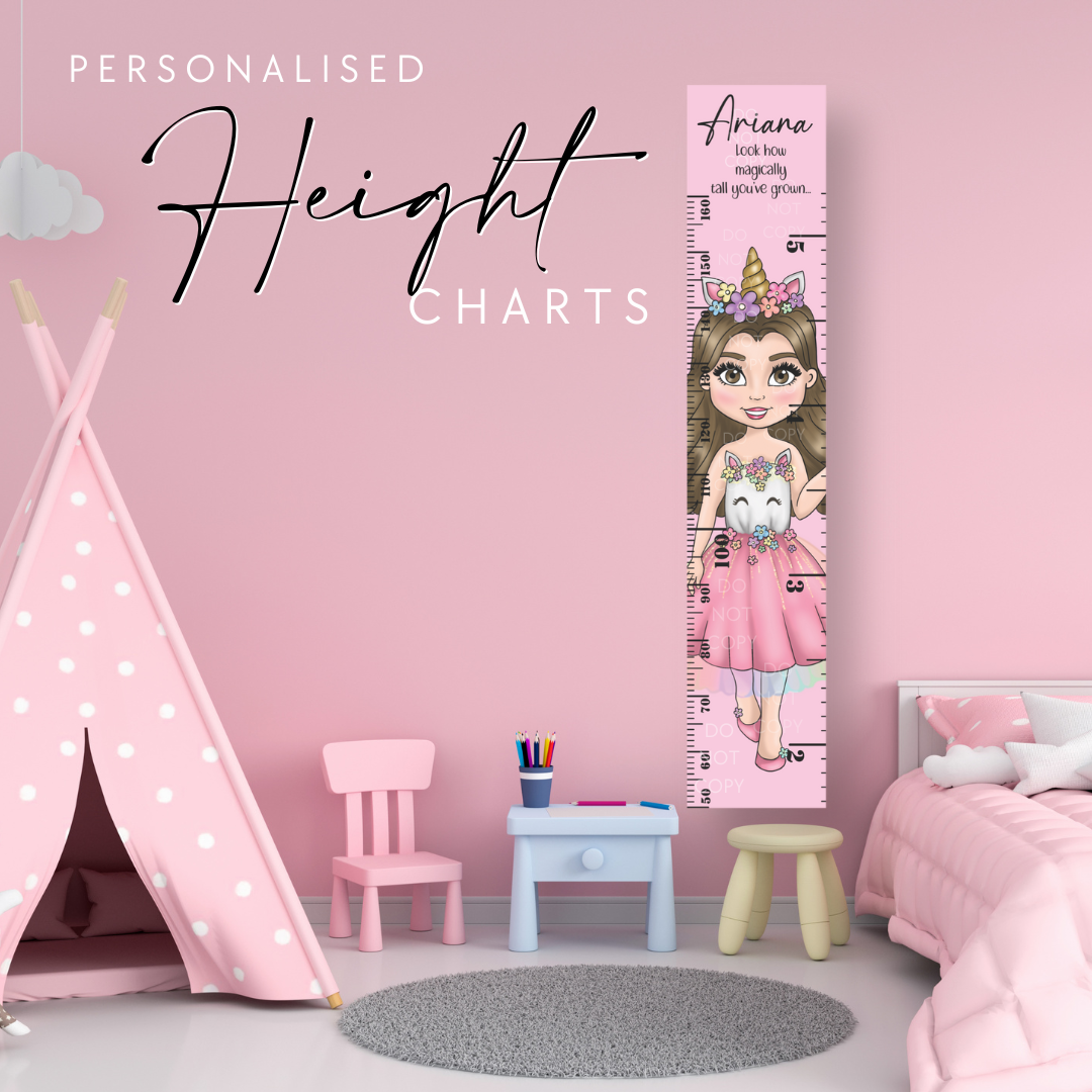 Personalised Pink Unicorn Dolly Height Charts