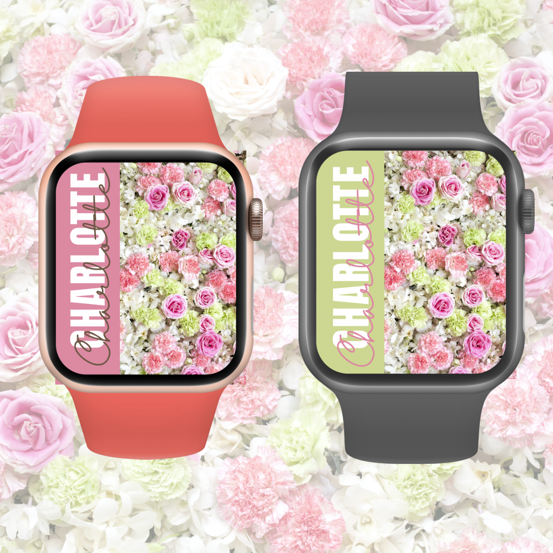 Pink & Green Flower Wall Personalised Smart Watch Wallpaper- Set of 4