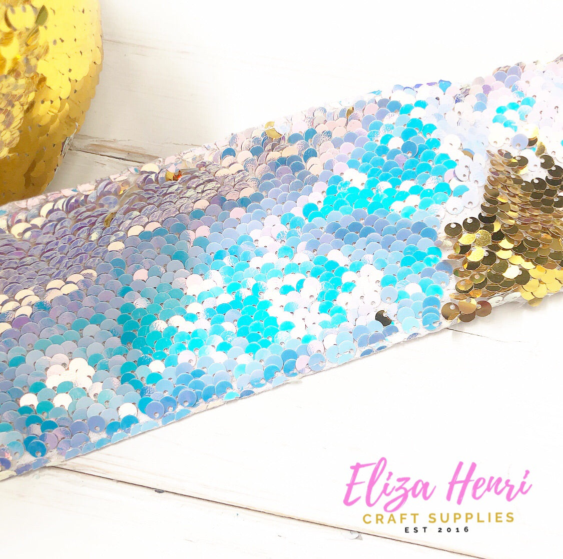 White iridescent with gold Sequin Reversible Ribbon 3''