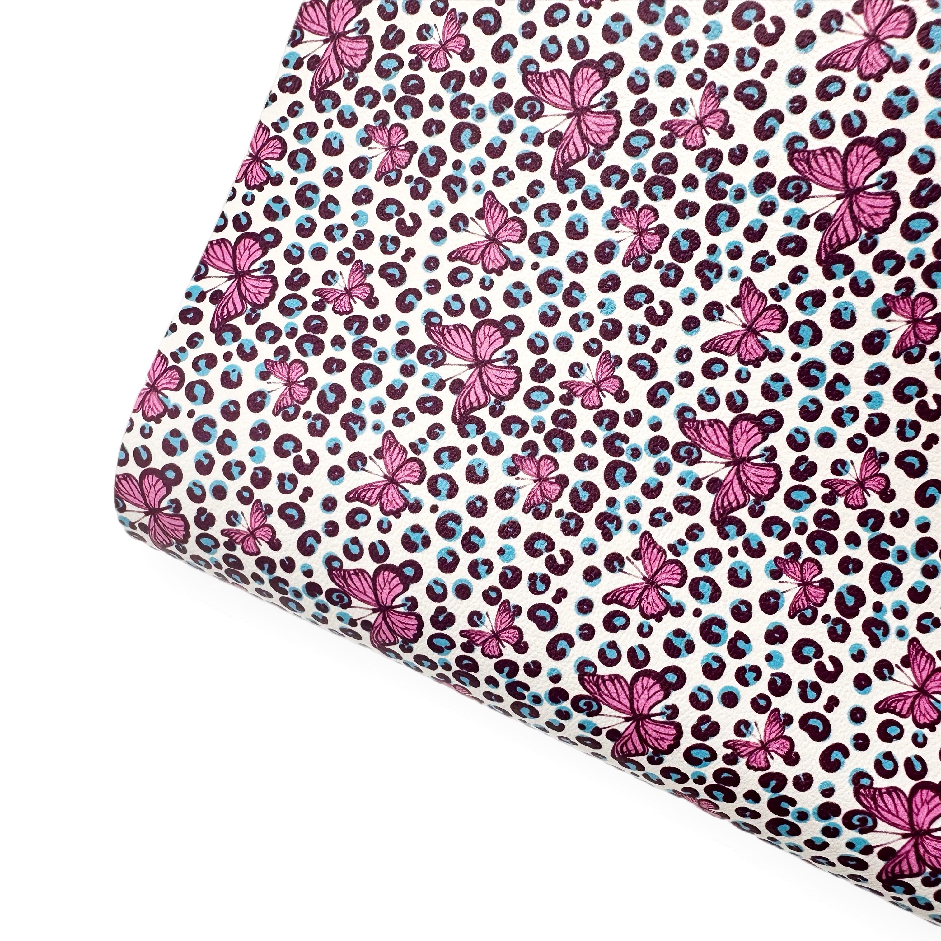Butterfly Leopard Pink & Mint Premium Faux Leather Fabric