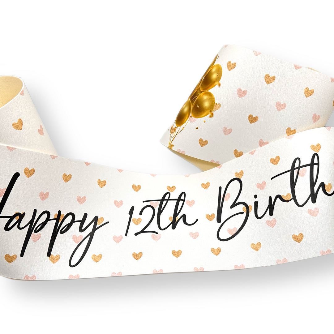 Hearts Pink & Gold Balloons Personalised Faux Leather Birthday Celebration Banner