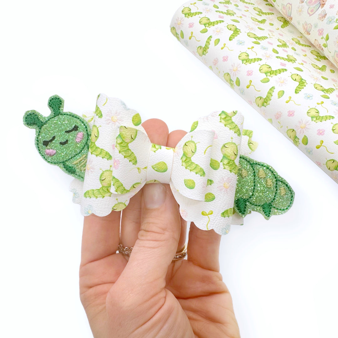 Cuthbert the Caterpillar Glitter Bow Pops- Embroidered Felties