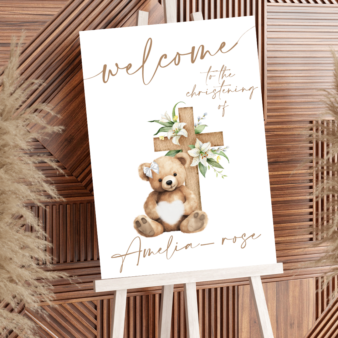 Girly Teddy Bear with Bow Neutral Bear Christening A3 Board Sign