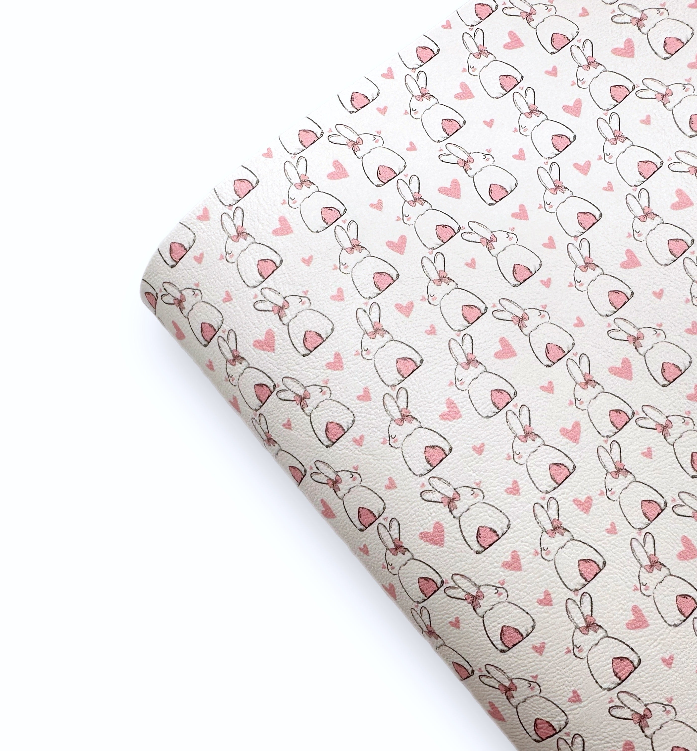 White Bunny Heart Hops Premium Faux Leather Fabric
