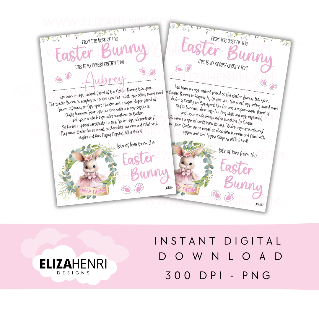 Girls Pink Easter Bunny Wreath Certificate Digital Download