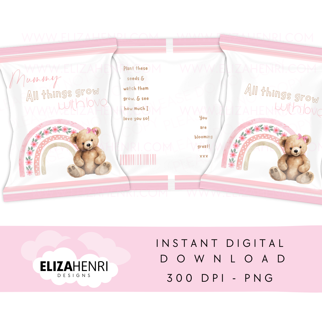 Mothers Day Pink Teddy Rainbow Seed Pack Design Digital Download