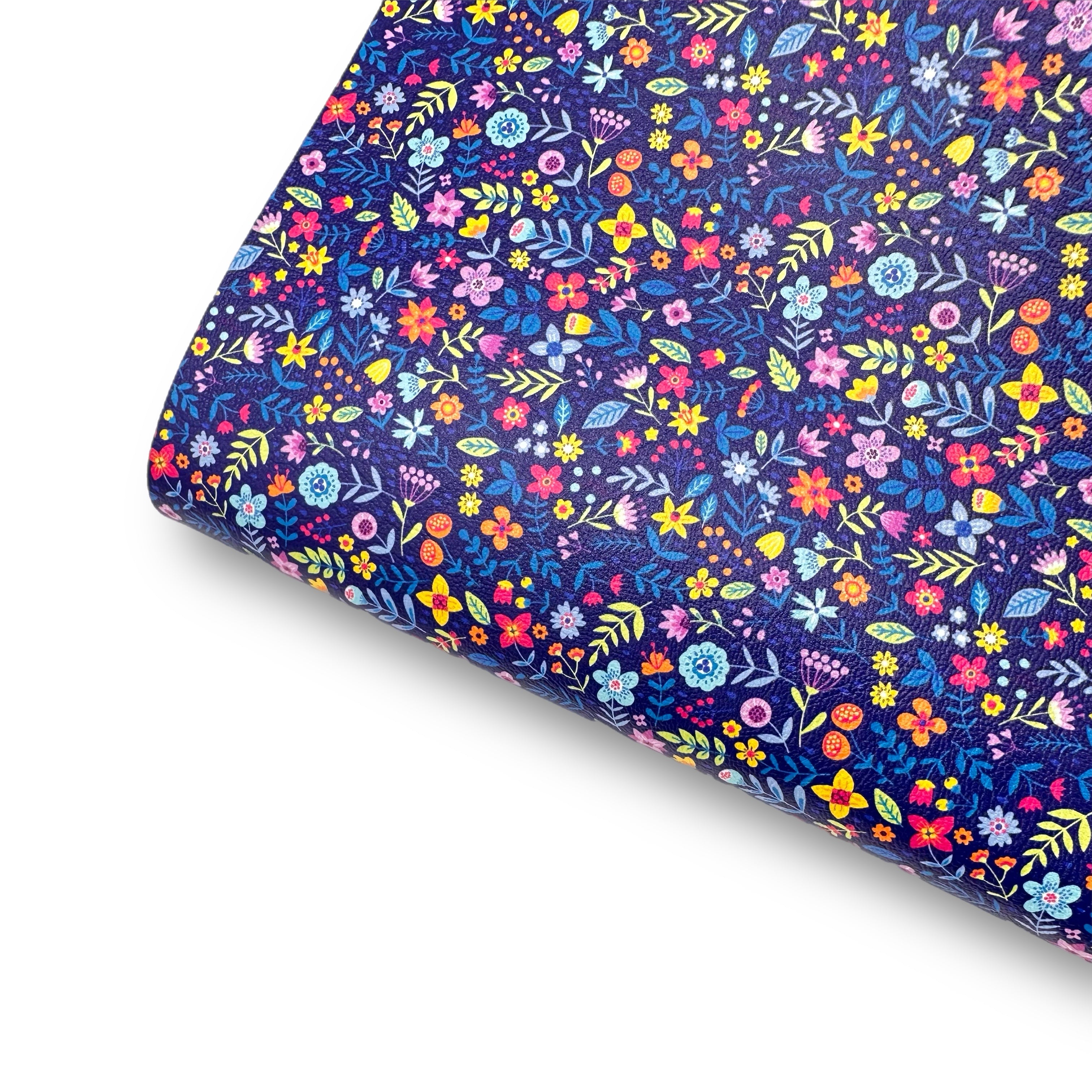 Navy Ditsy Florals Premium Faux Leather Fabric