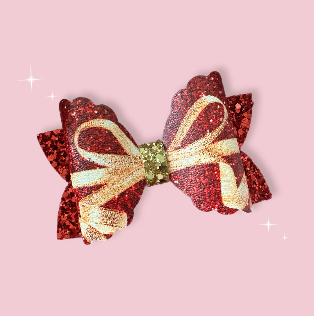 Red & Gold Party Glitter Gift Bows 3.5” | Pre Cut DIY Hair Bow Loops