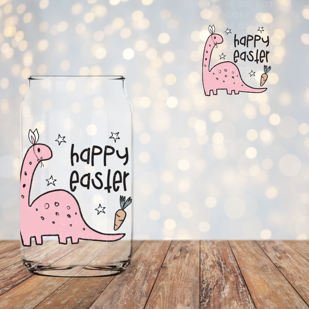 Pink Happy Easter-saurus UV DTF Cup Decal