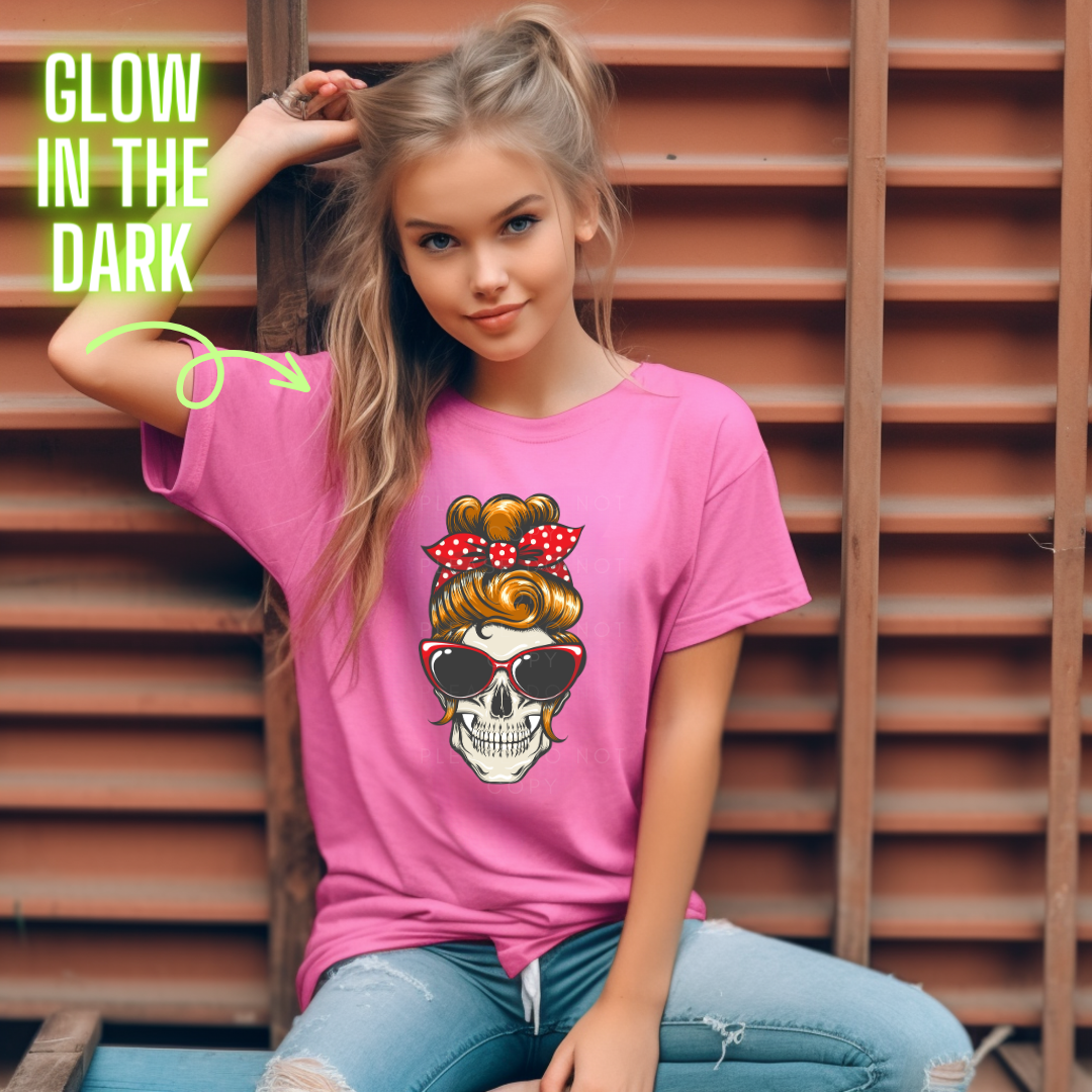 Bow Skeleton Glow in the Dark Full Colour Iron on T Shirt Transfers