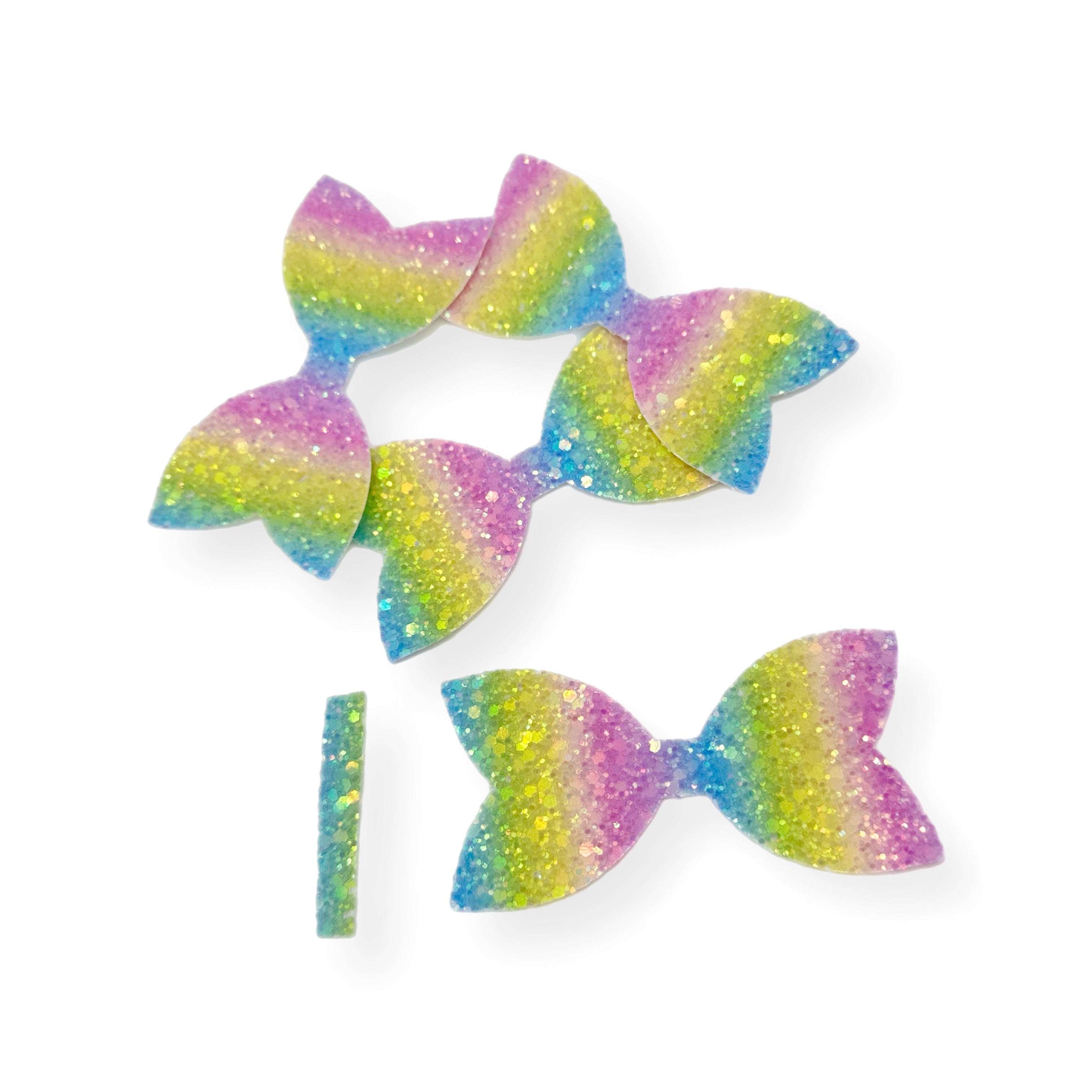 Pastel Rainbow Pre Cut Chunky Glitter Bow Tails & Centres 3.5”- 4 Pack
