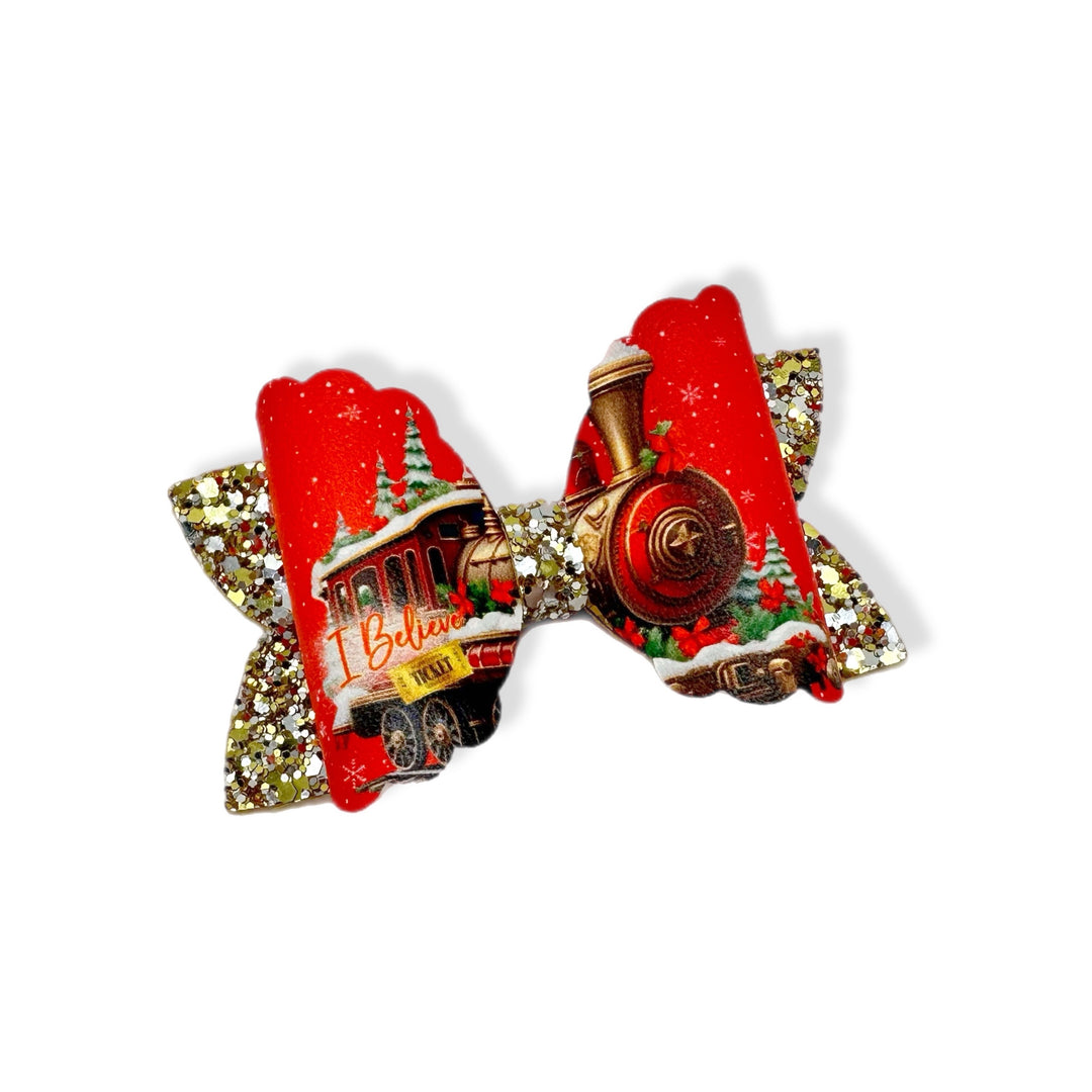 Red Golden Express Train Bow 3.5” | Pre Cut DIY Hair Bow Loops