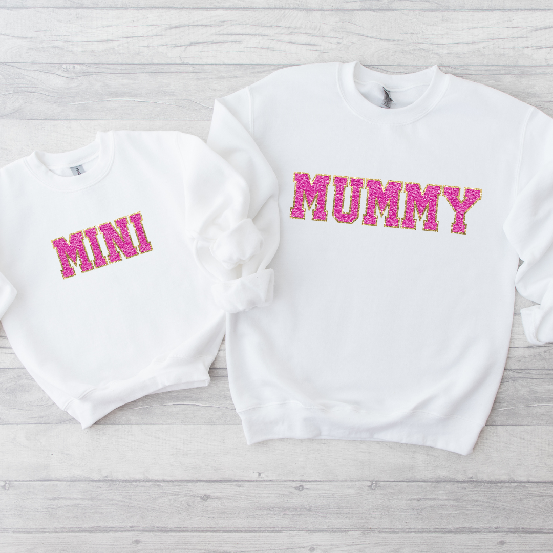 Hot Pink Faux Chenille Effect Mum, Mummy, Mini Options DTF Full Colour Transfers