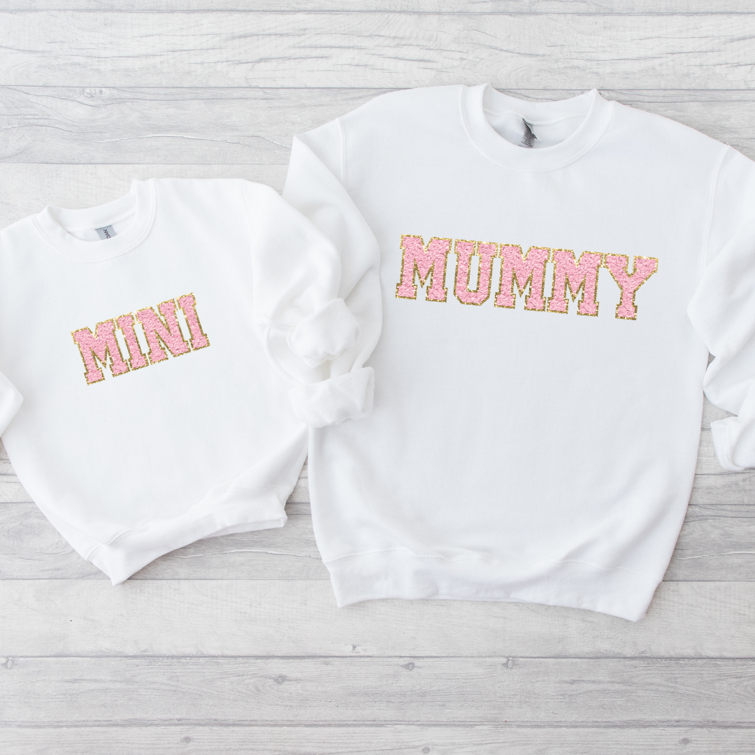 Baby Pink Faux Chenille Effect Mum, Mummy, Mini Options DTF Full Colour Transfers