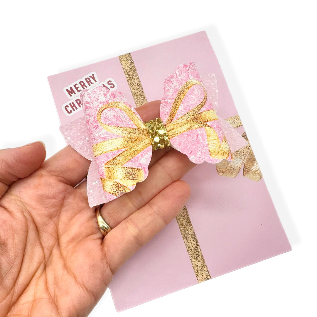 Pink & Gold Party Glitter Gift Bows 3.5” | Pre Cut DIY Hair Bow Loops