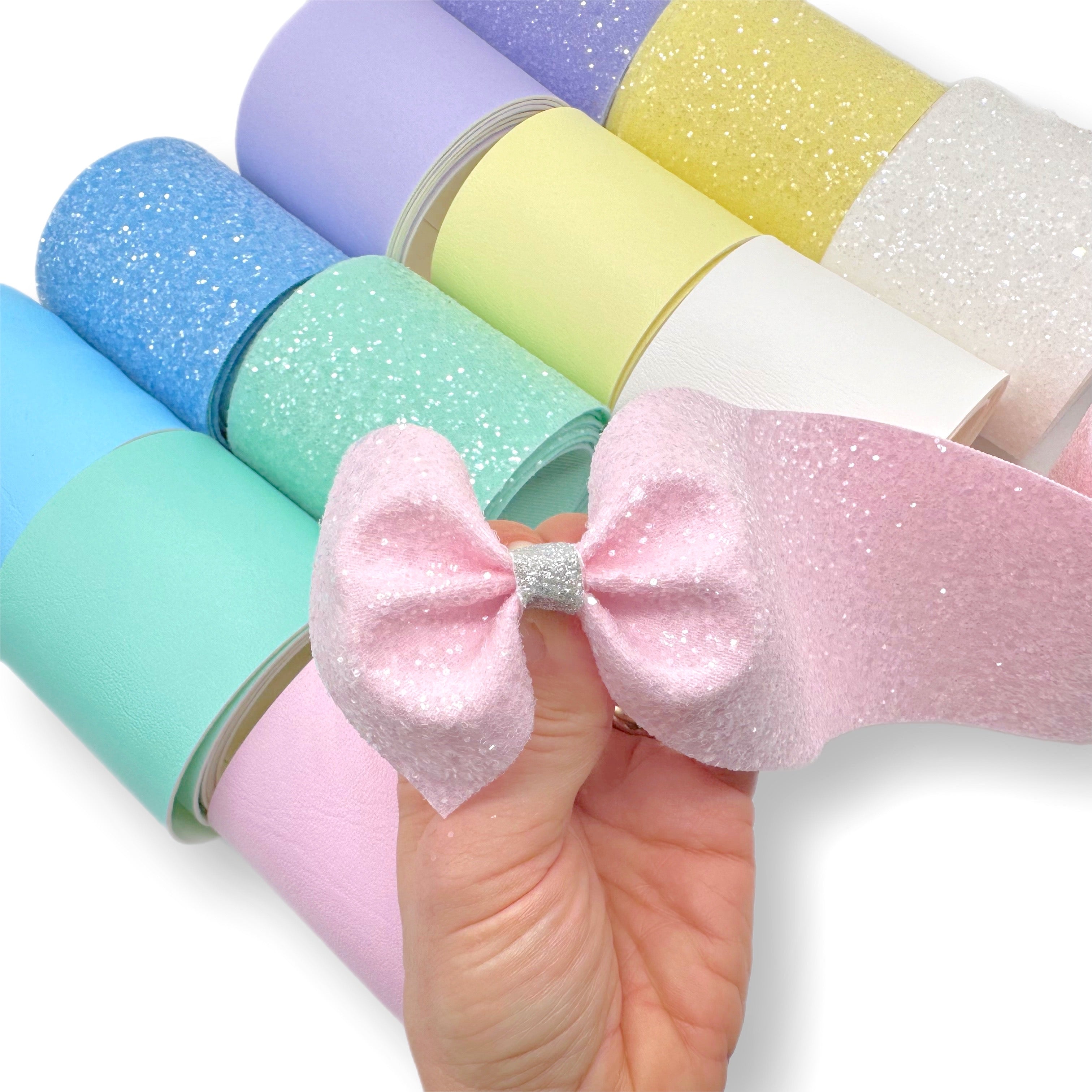 Pastel Sugar Coated Core Glitter & Faux Leather Mega Bow Strips Collection - 12 Bow Strips
