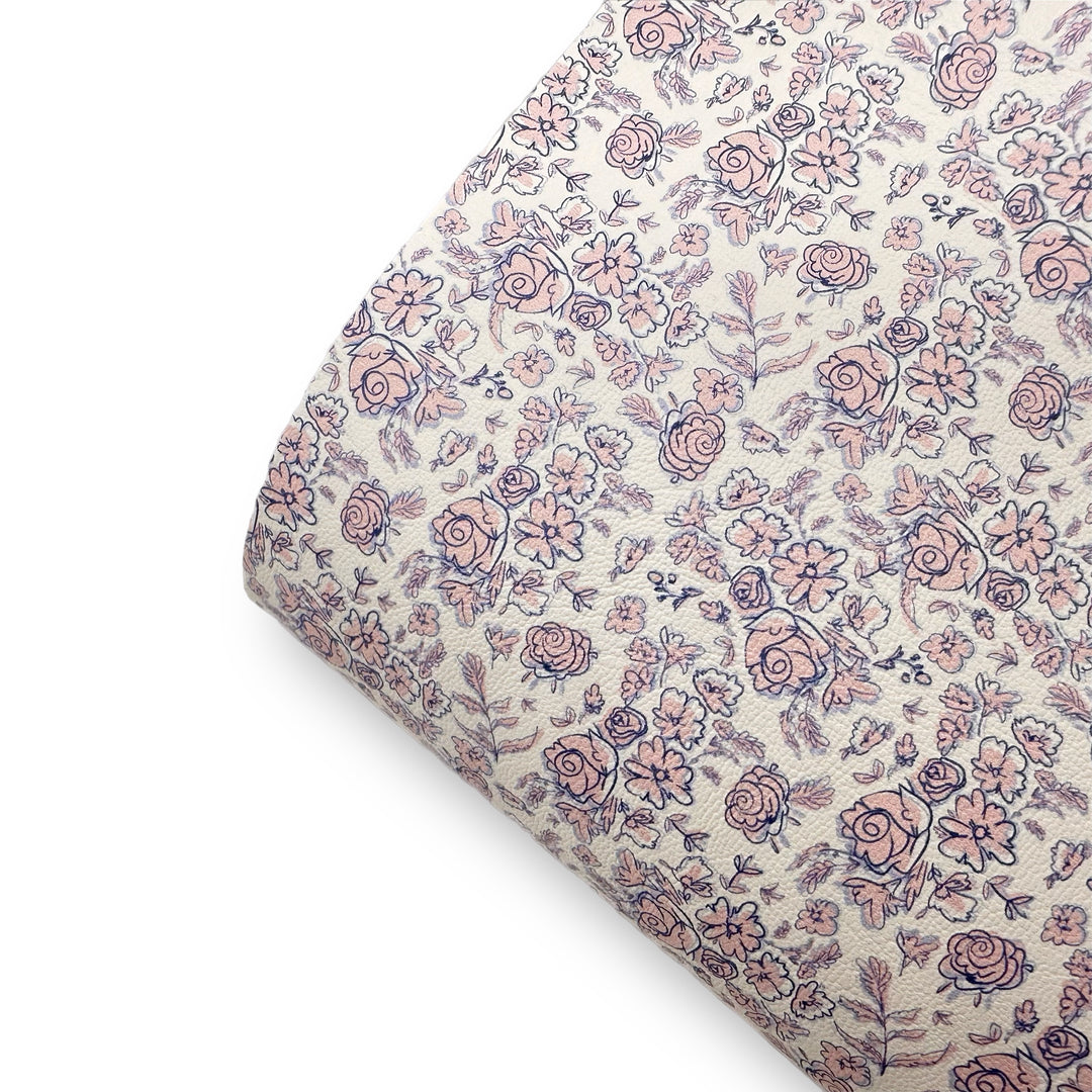 White Bunny Blooms Premium Faux Leather Fabric