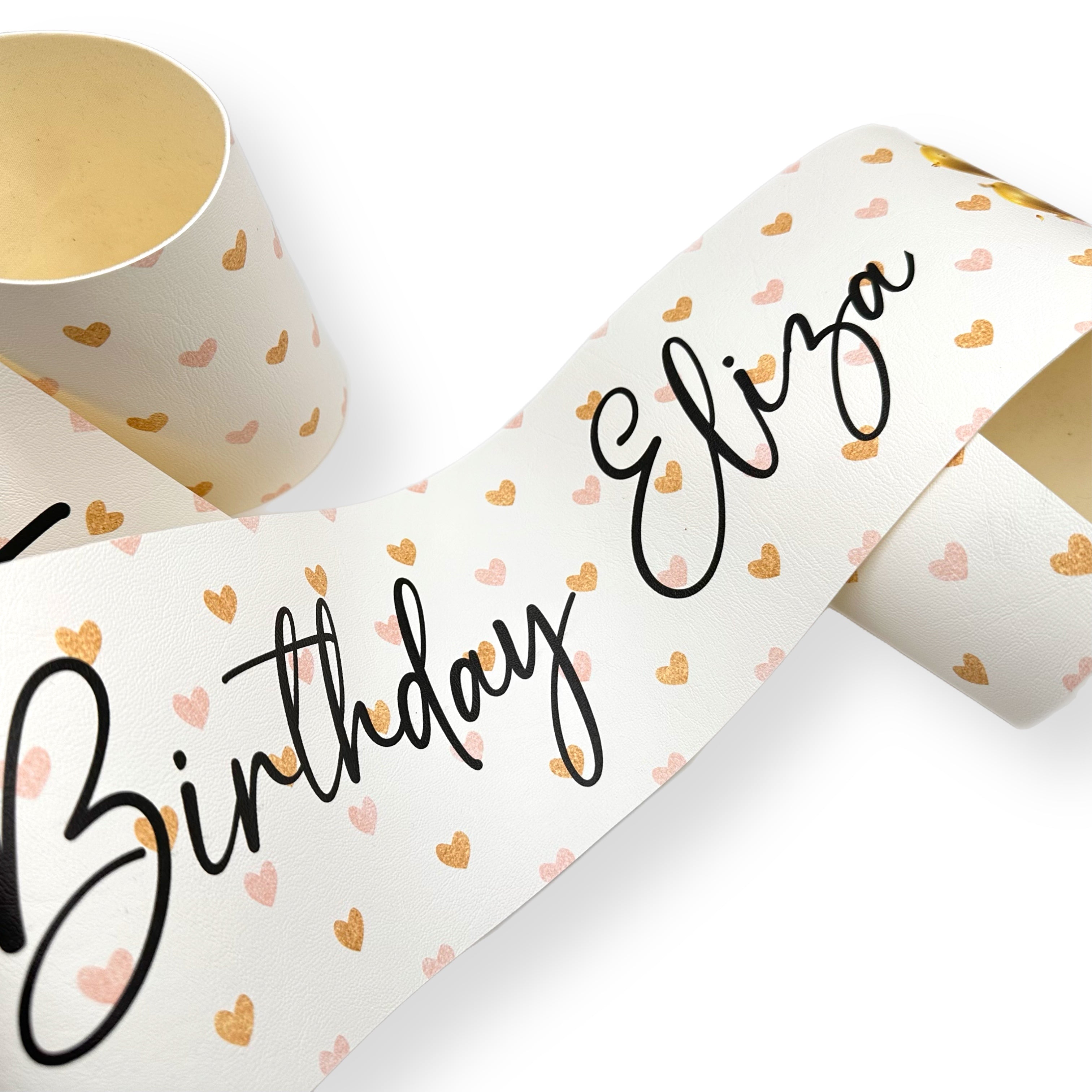 Hearts Pink & Gold Balloons Personalised Faux Leather Birthday Celebration Banner