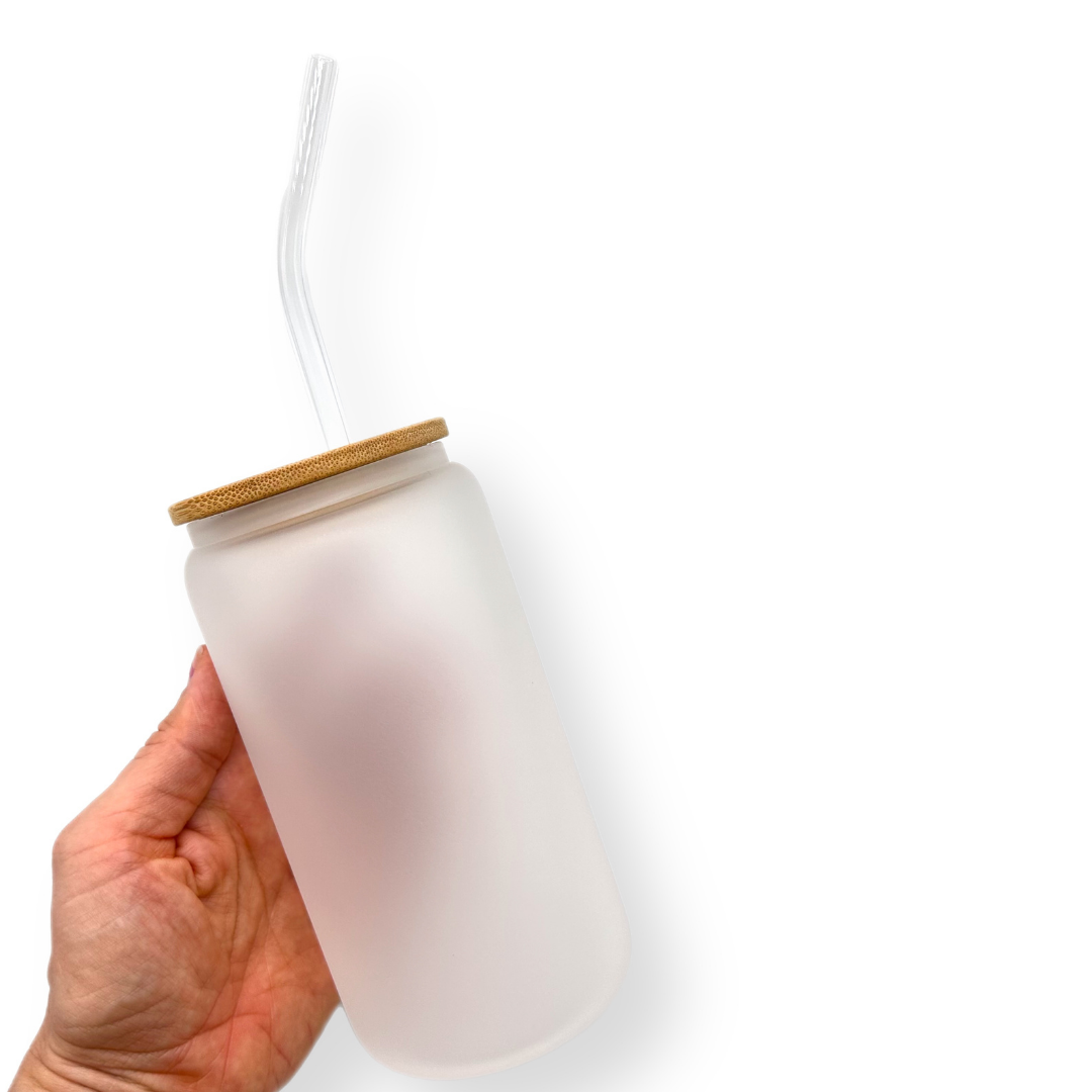 FROSTED GLASS TUMBLER WITH STRAW & BAMBOO LID - 16OZ