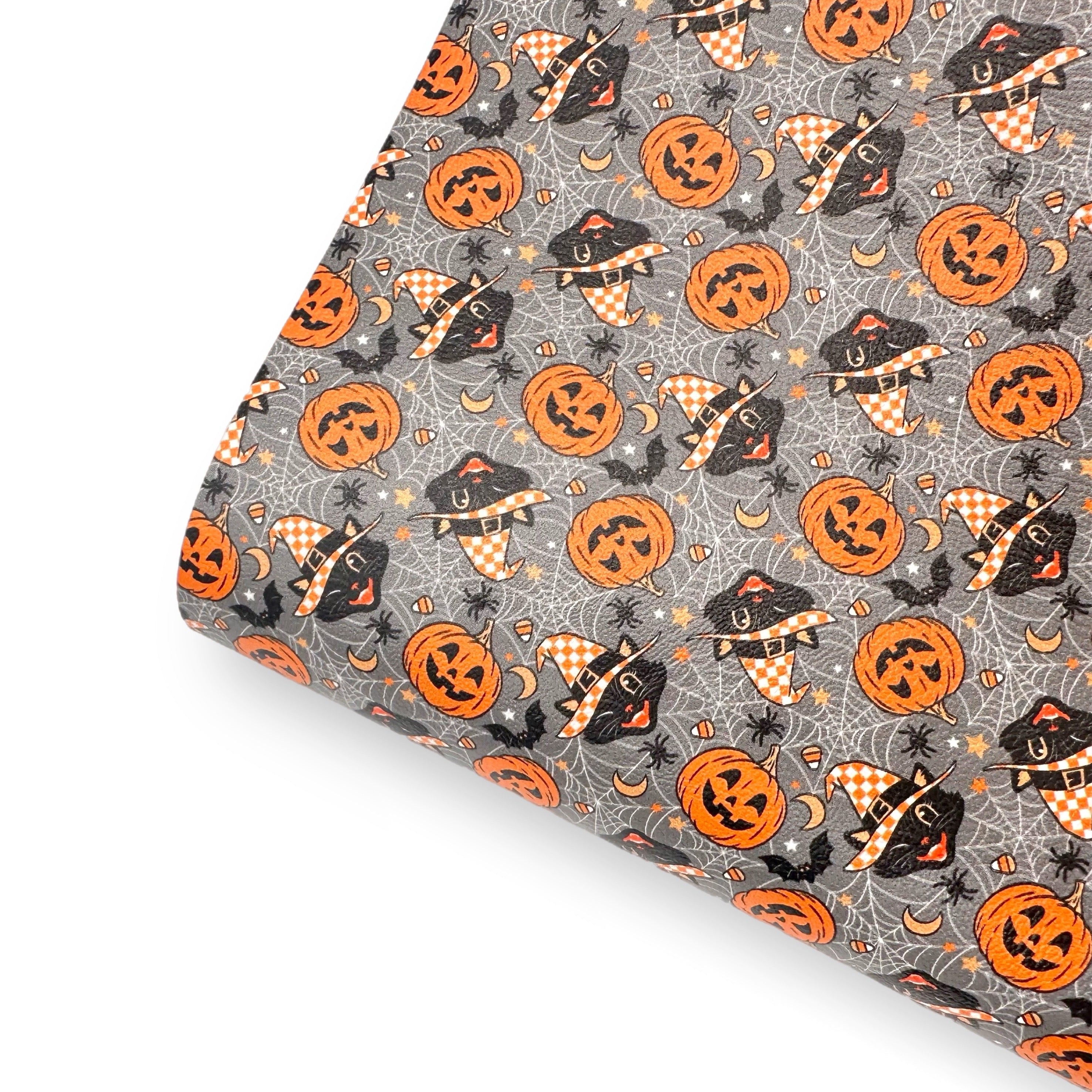 Retro Cat & Pumpkin Webs Premium Faux Leather Fabric