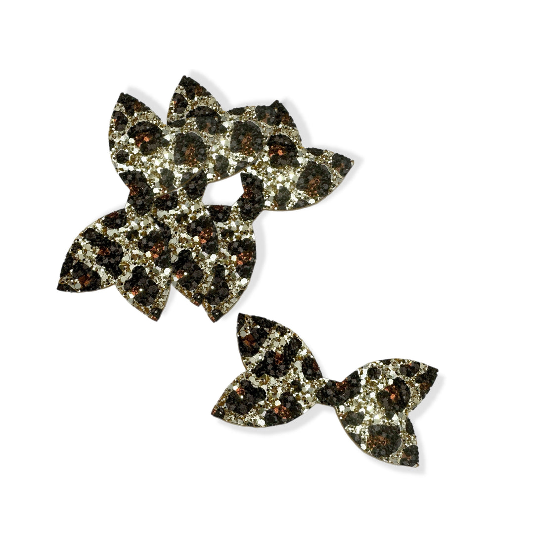 Gold Leopard Glitter Mix Pre Cut Chunky Glitter Bow Tails & Centres 3.5”- 4 Pack