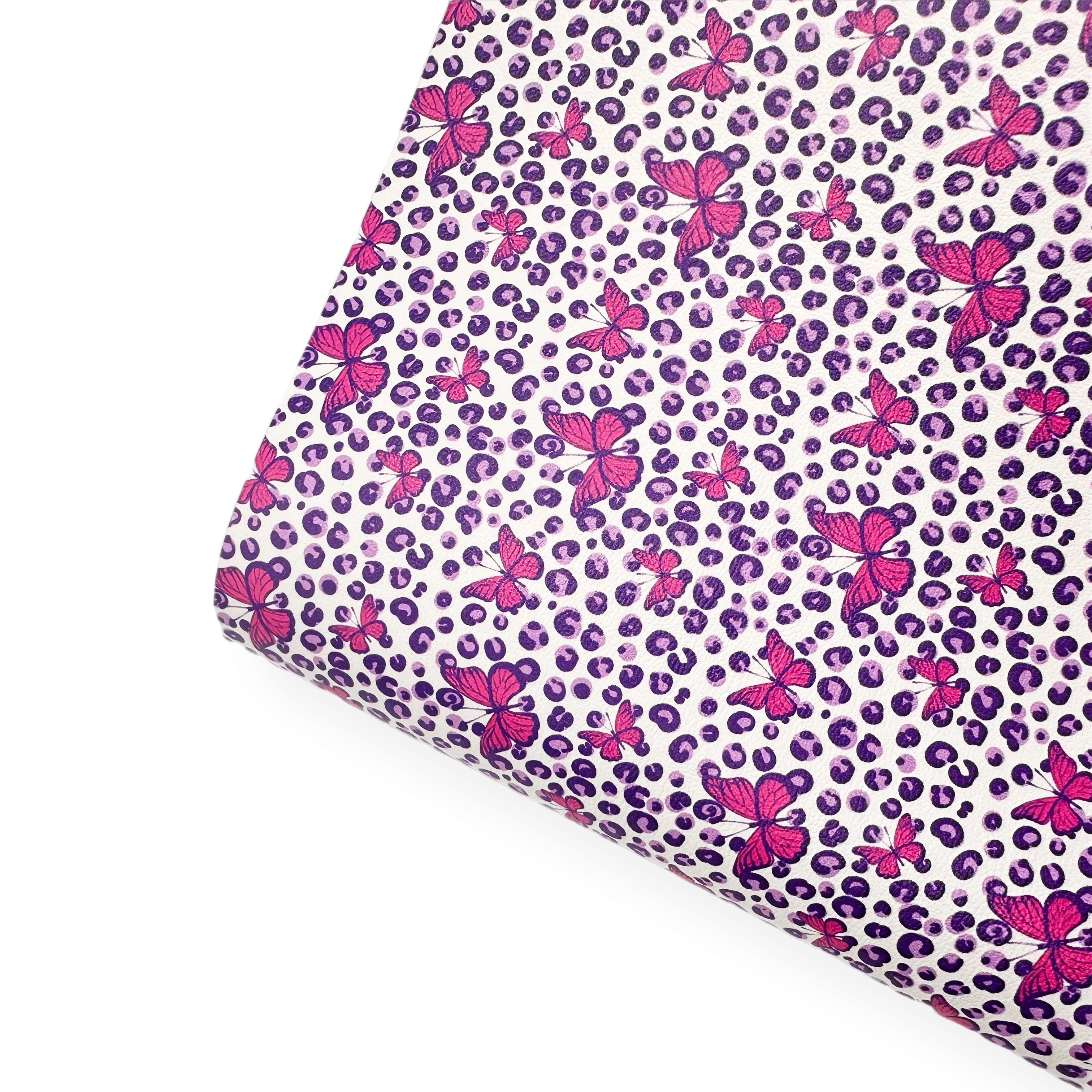 Butterfly Leopard Pink & Lilac Premium Faux Leather Fabric