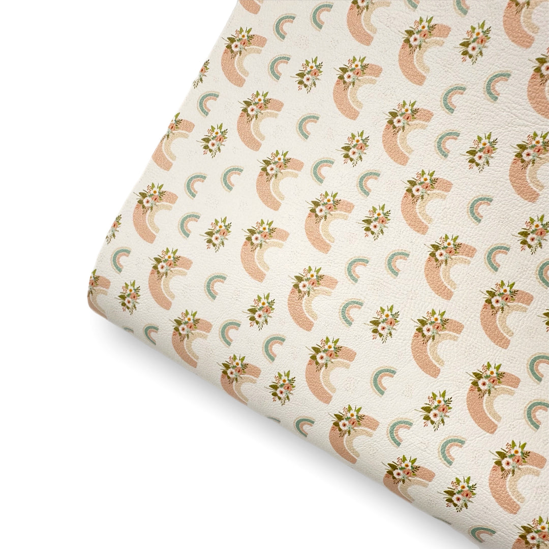 Floral Rainbow Peach Premium Faux Leather Fabric