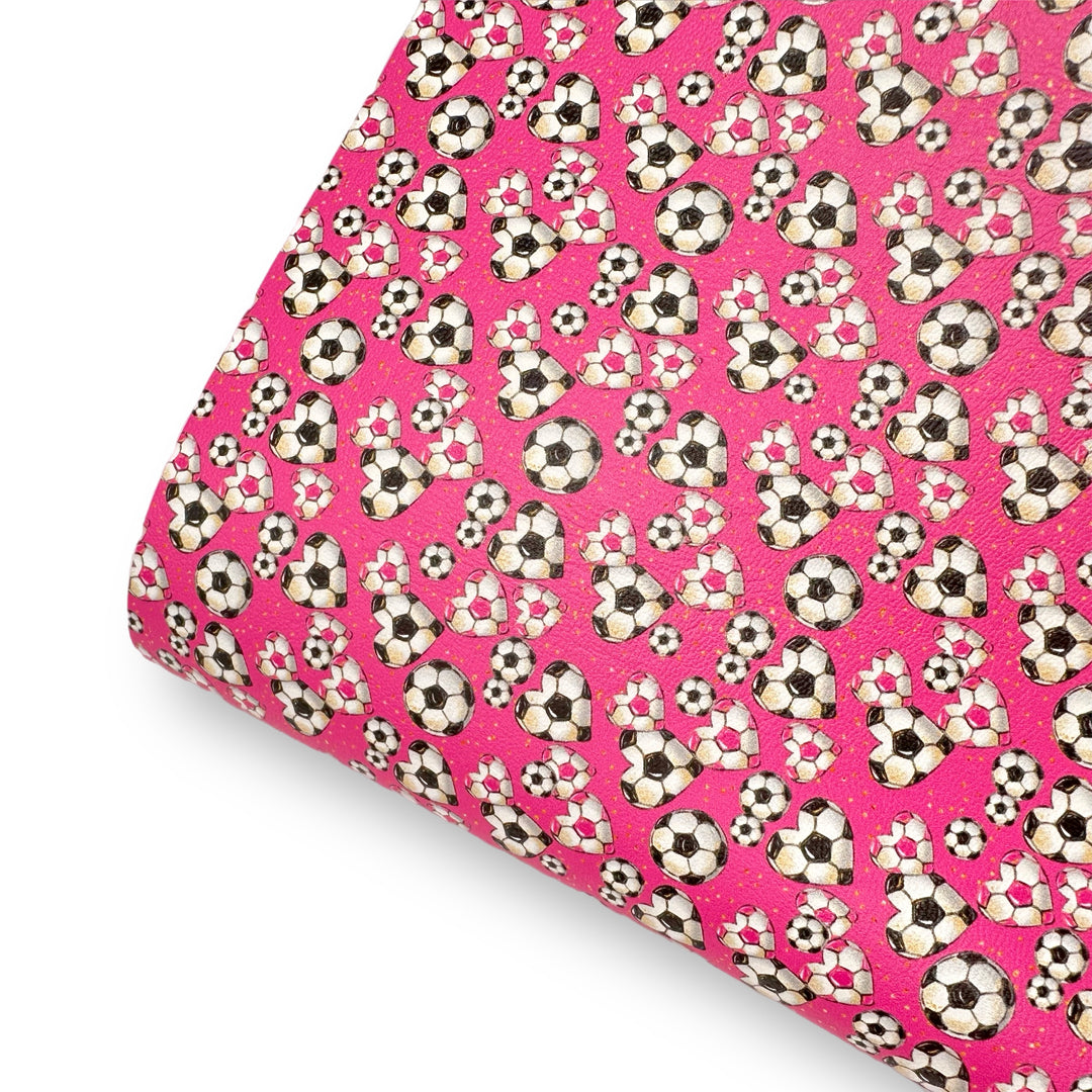 Pink Girlie Football Hearts Premium Faux Leather Fabric