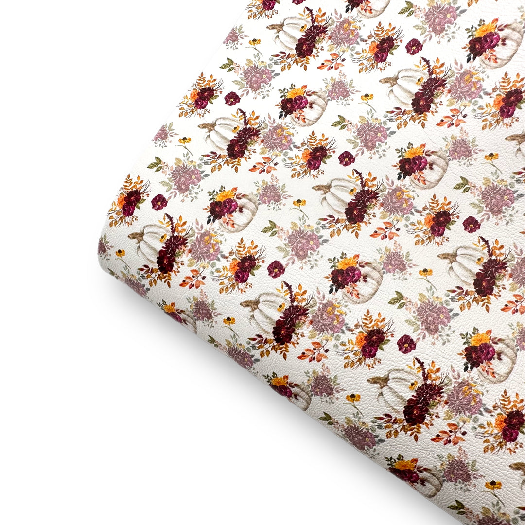 Burgundy Floral White Pumpkins Premium Faux Leather Fabric Sheets