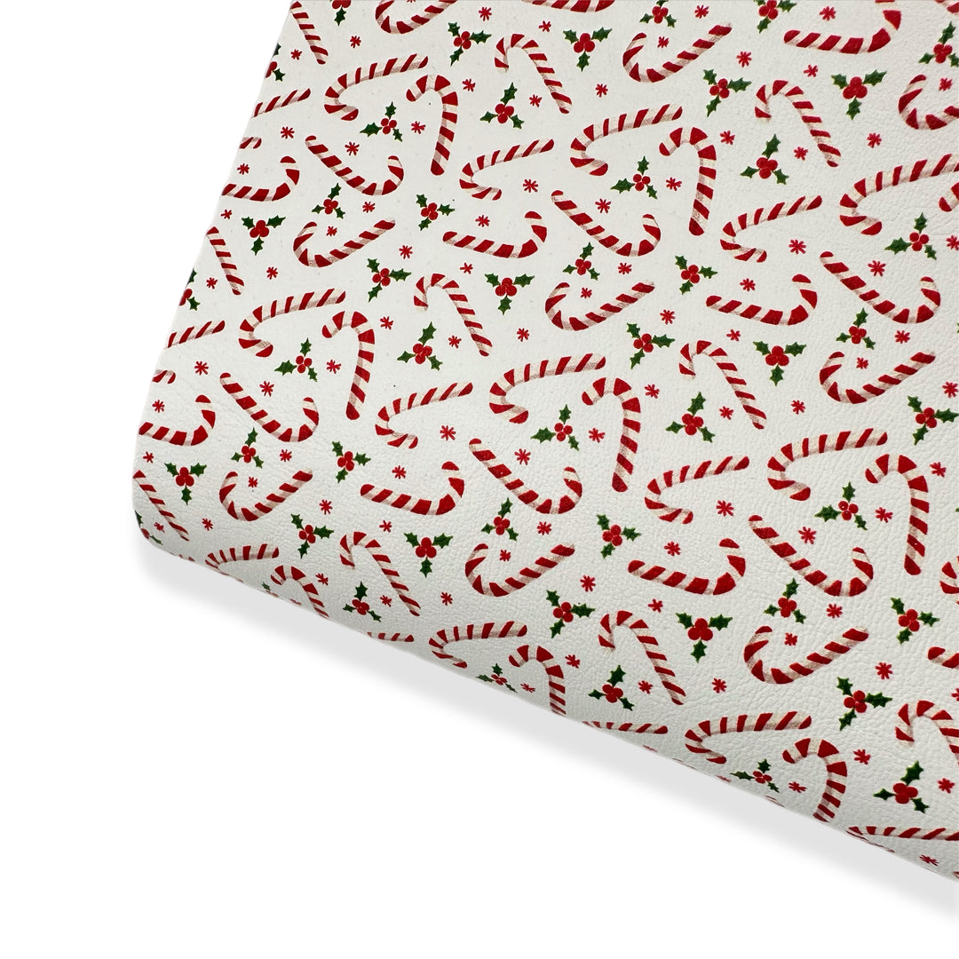 Candy Canes & Holly Premium Faux Leather Fabric