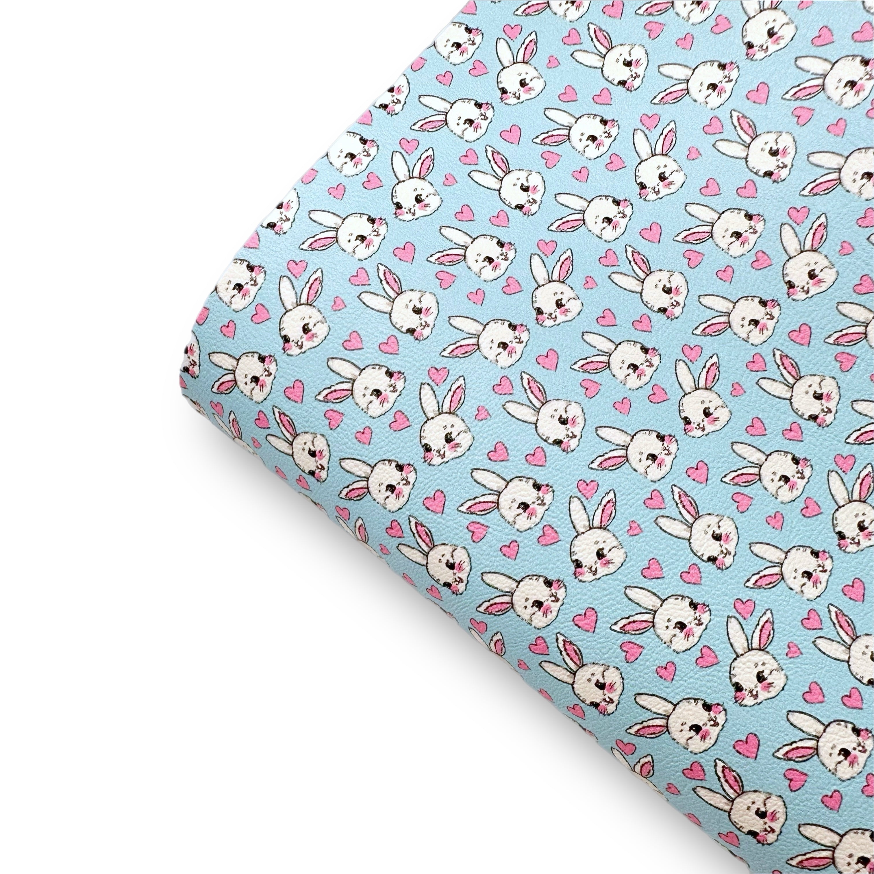 Bunny Hearts Blue Premium Faux Leather Fabric