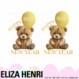 Happy New Year Teddy Bear Digital Download- 2 Variations