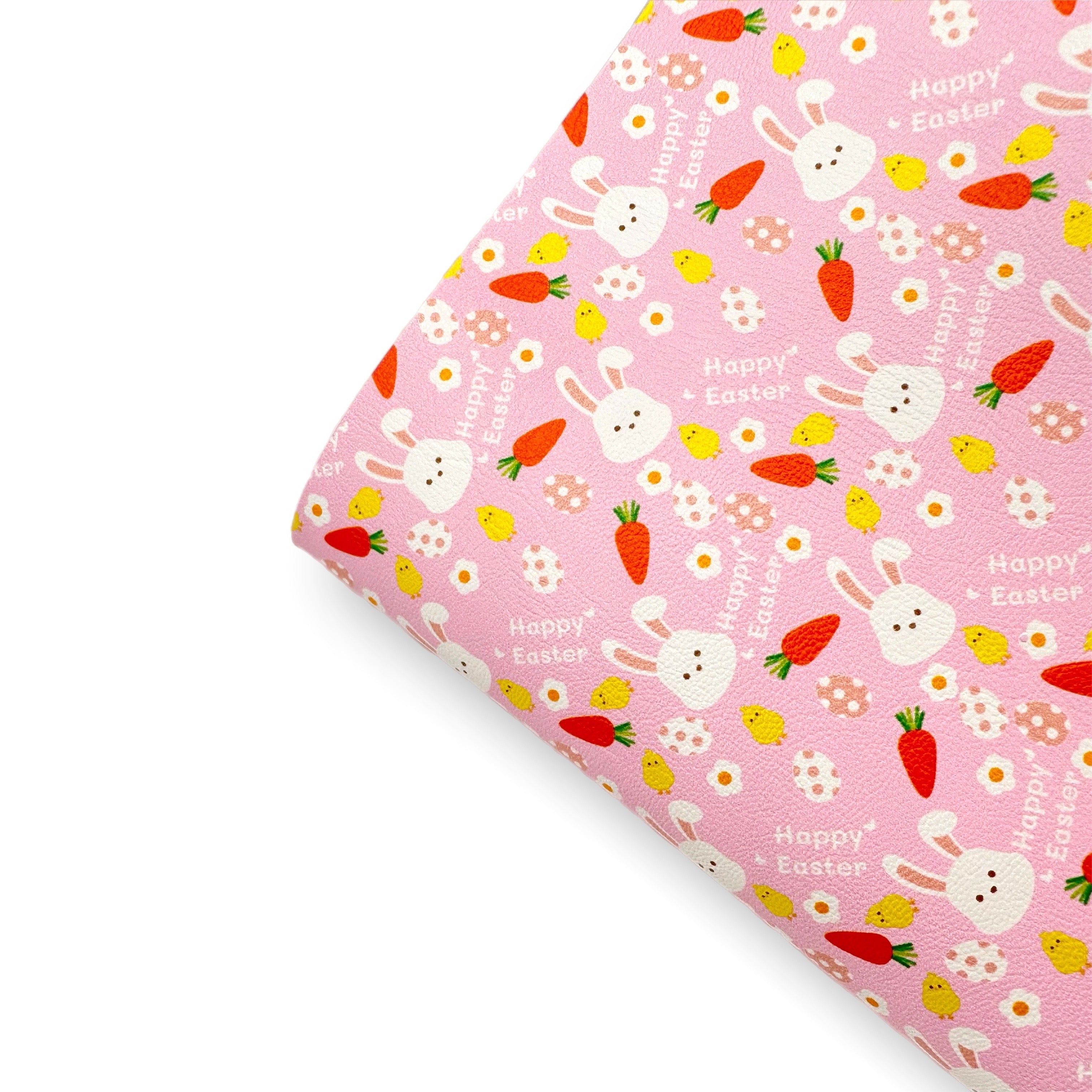 Happy Easter Bunny Pink Premium Faux Leather Fabric