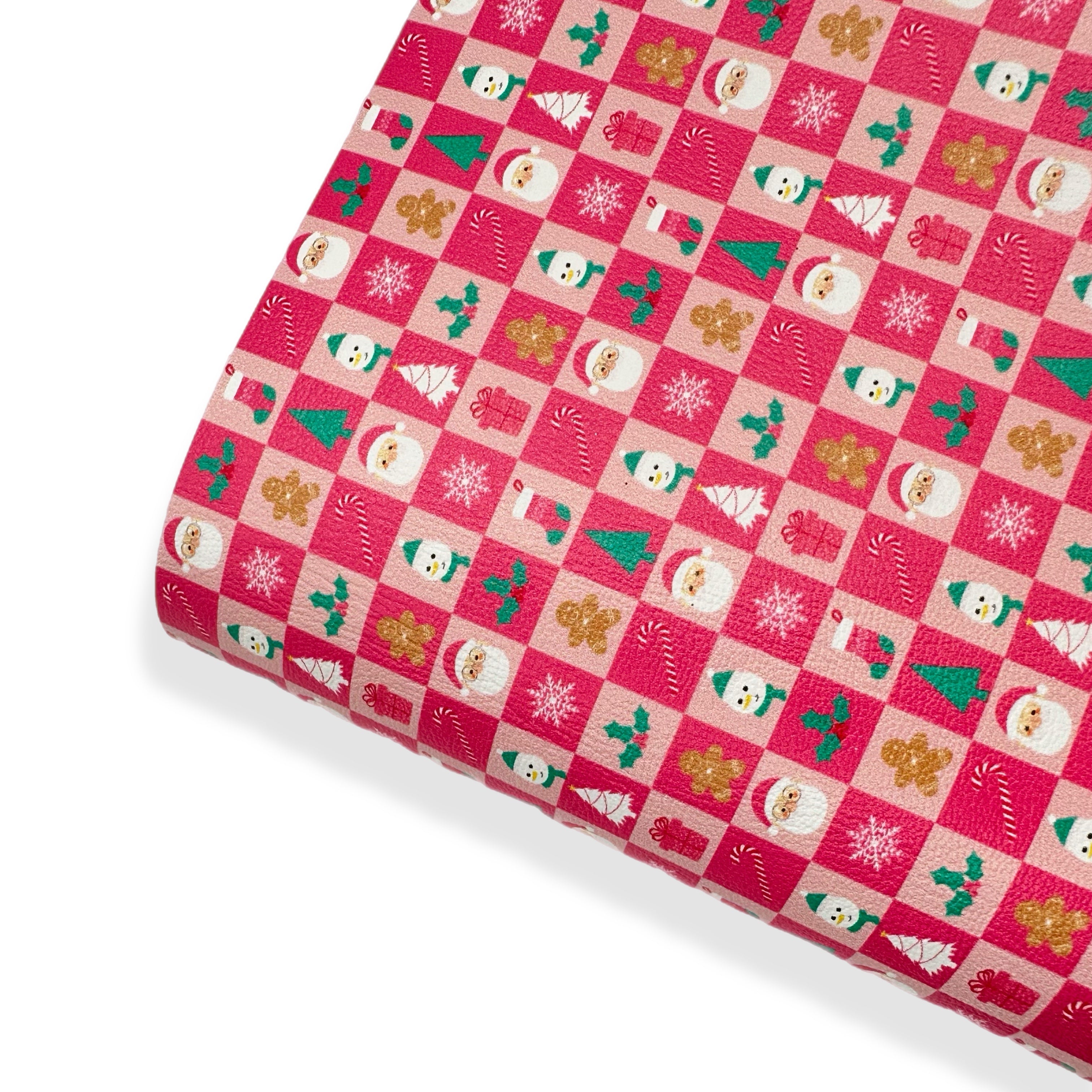 Pink Christmas Check Premium Faux Leather Fabric