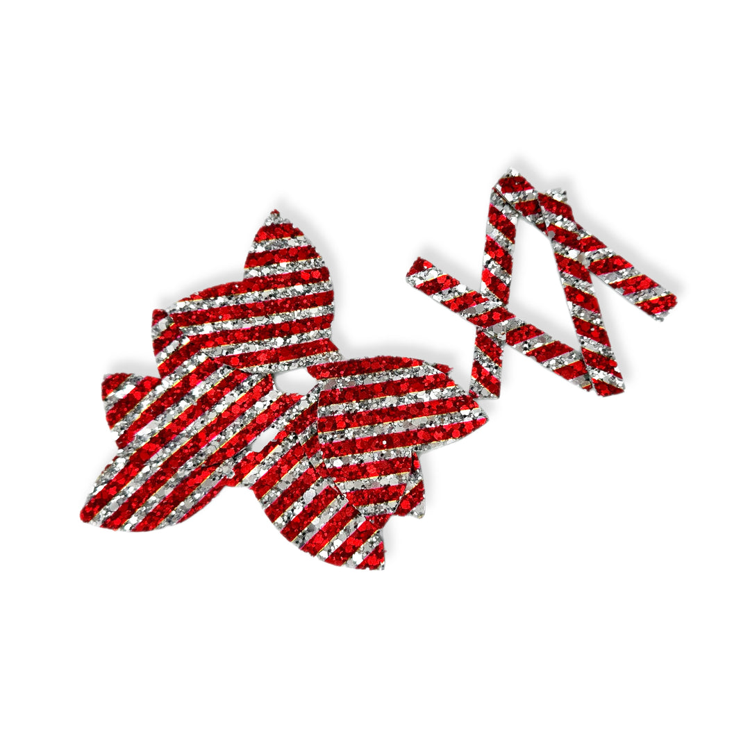 Silver Candy Cane Pre Cut Chunky Glitter Bow Tails & Centres 3.5”- 4 Pack