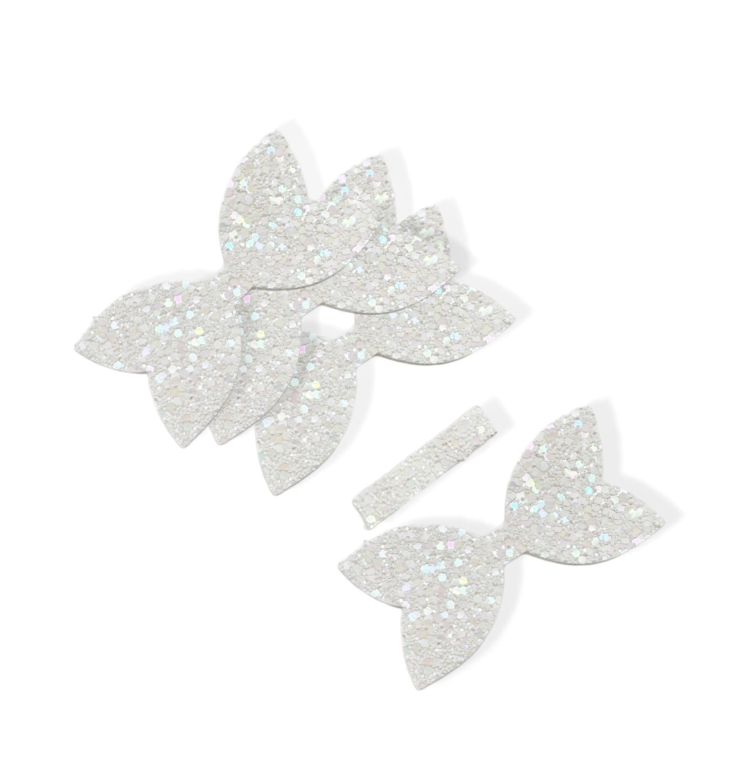 White Rainbow Pre Cut Chunky Glitter Bow Tails & Centres 3.5”- 4 Pack