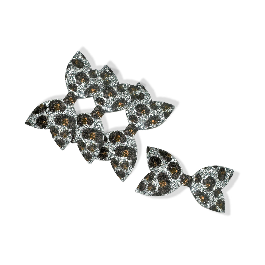 Silver Leopard Glitter Mix Pre Cut Chunky Glitter Bow Tails & Centres 3.5”- 4 Pack