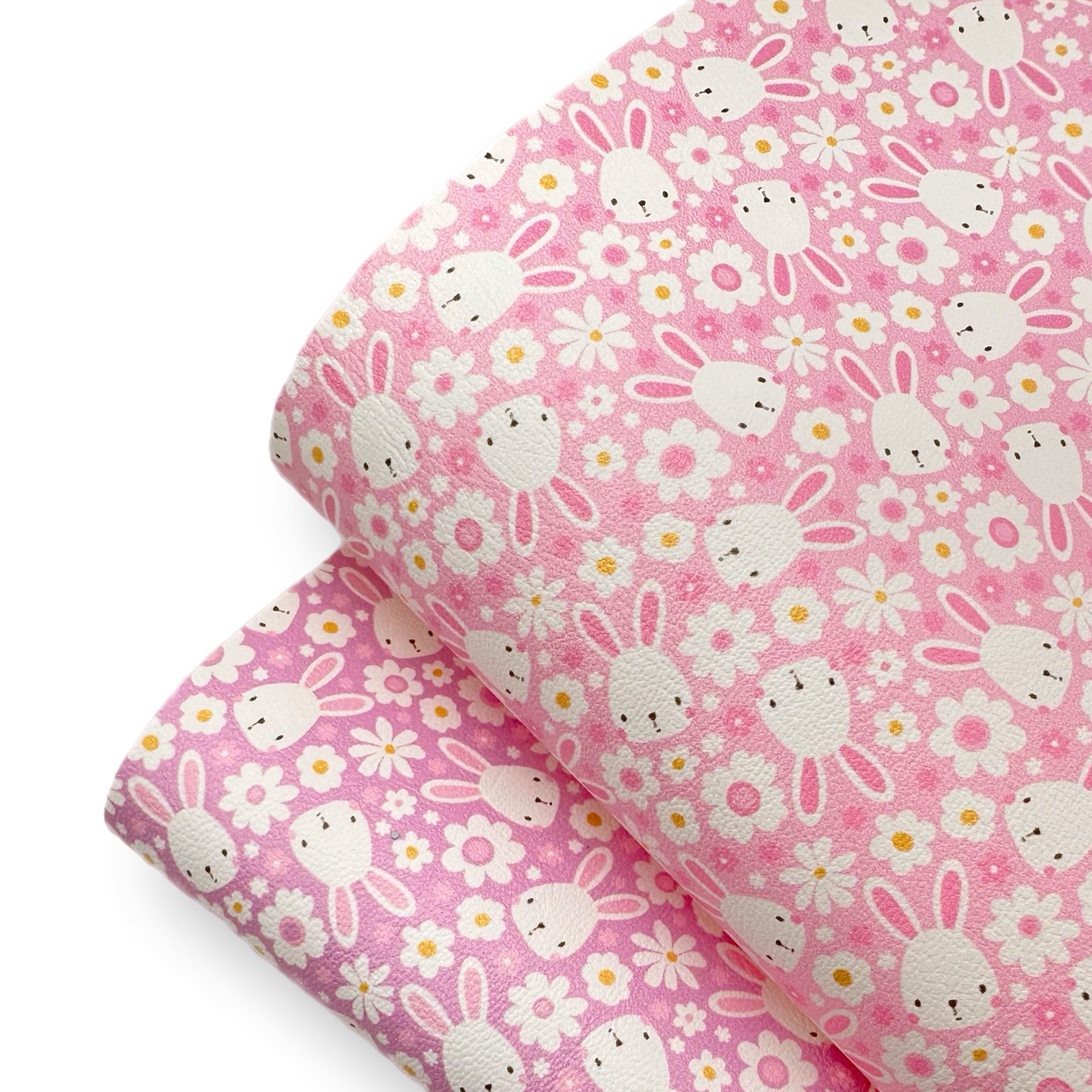 Spring Bunnies Pink Premium Faux Leather Fabric