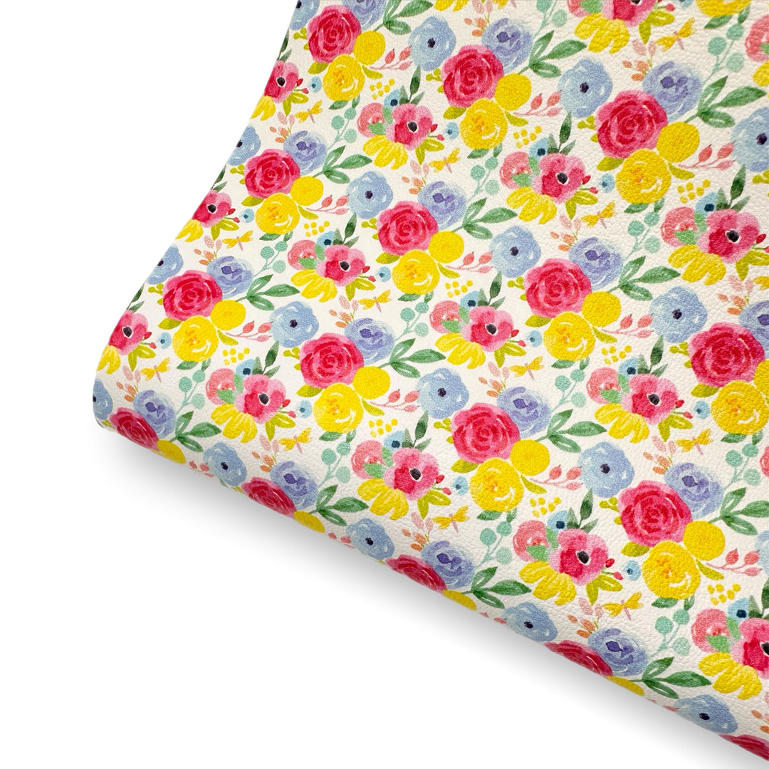 Summer Bright Blooms Premium Faux Leather Fabric