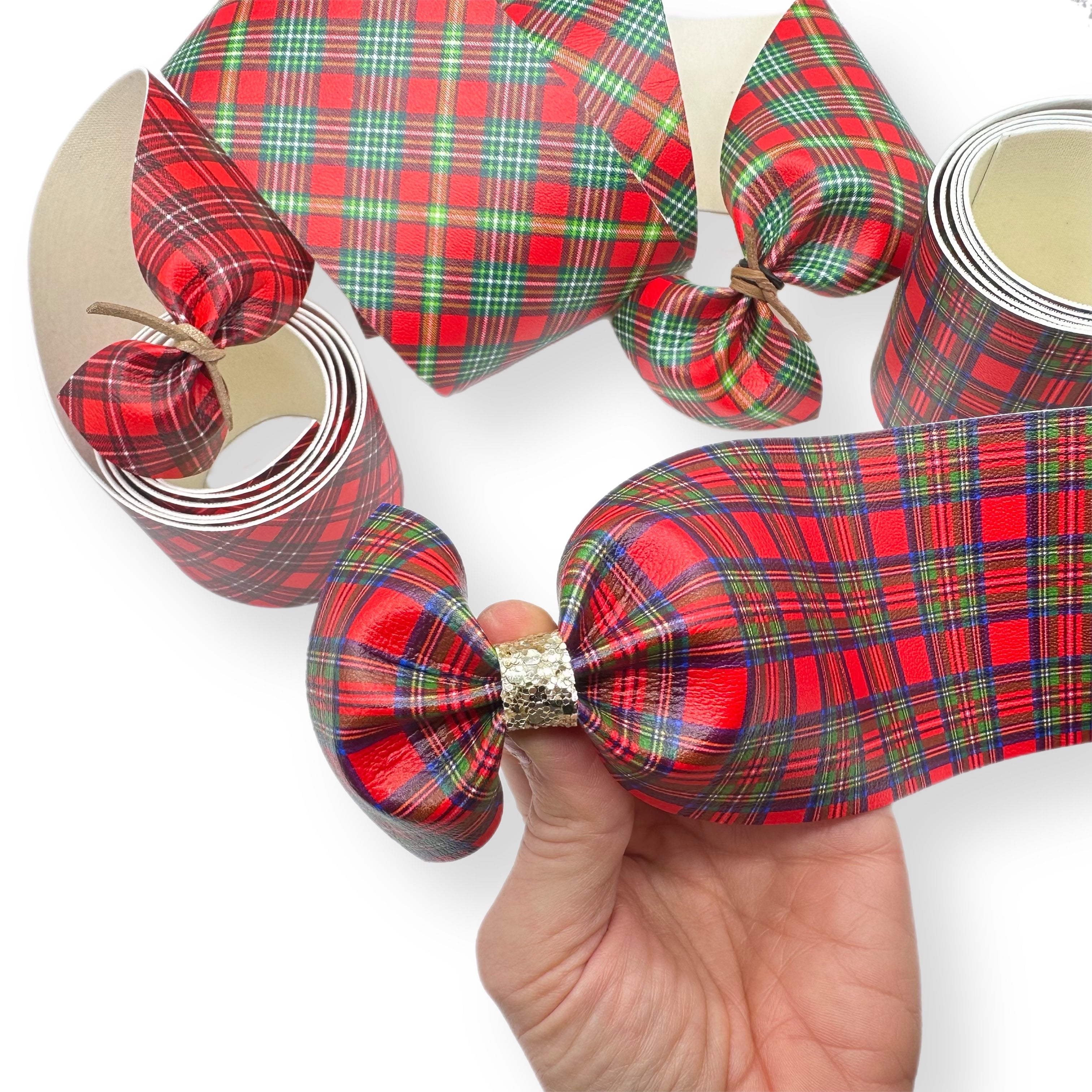 Traditional Red Tartan Faux Leather Mega Bow Strips- 2 Sizes