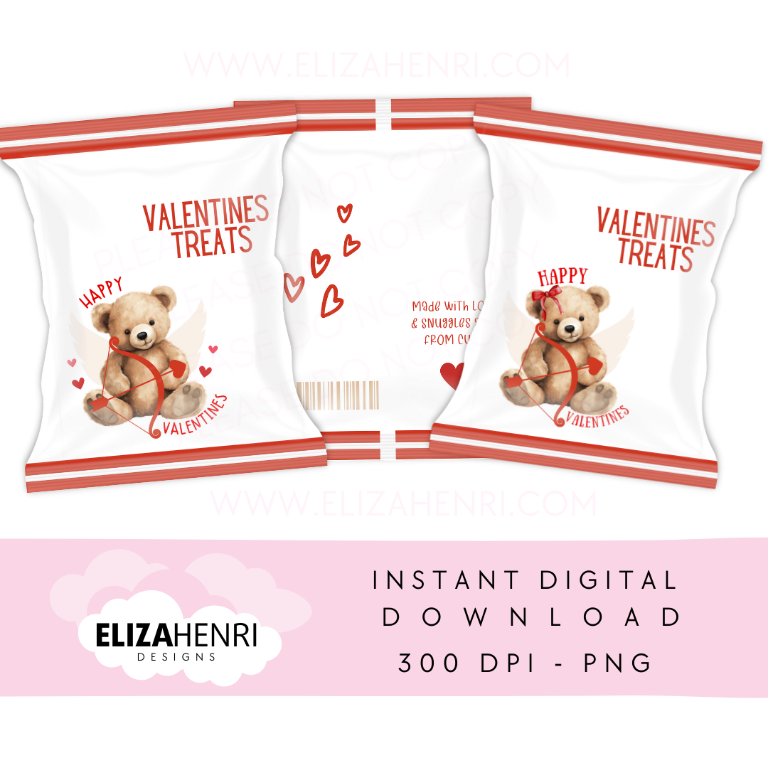 Red Teddy Valentines Treat Pack Design Digital Download- 2 Designs