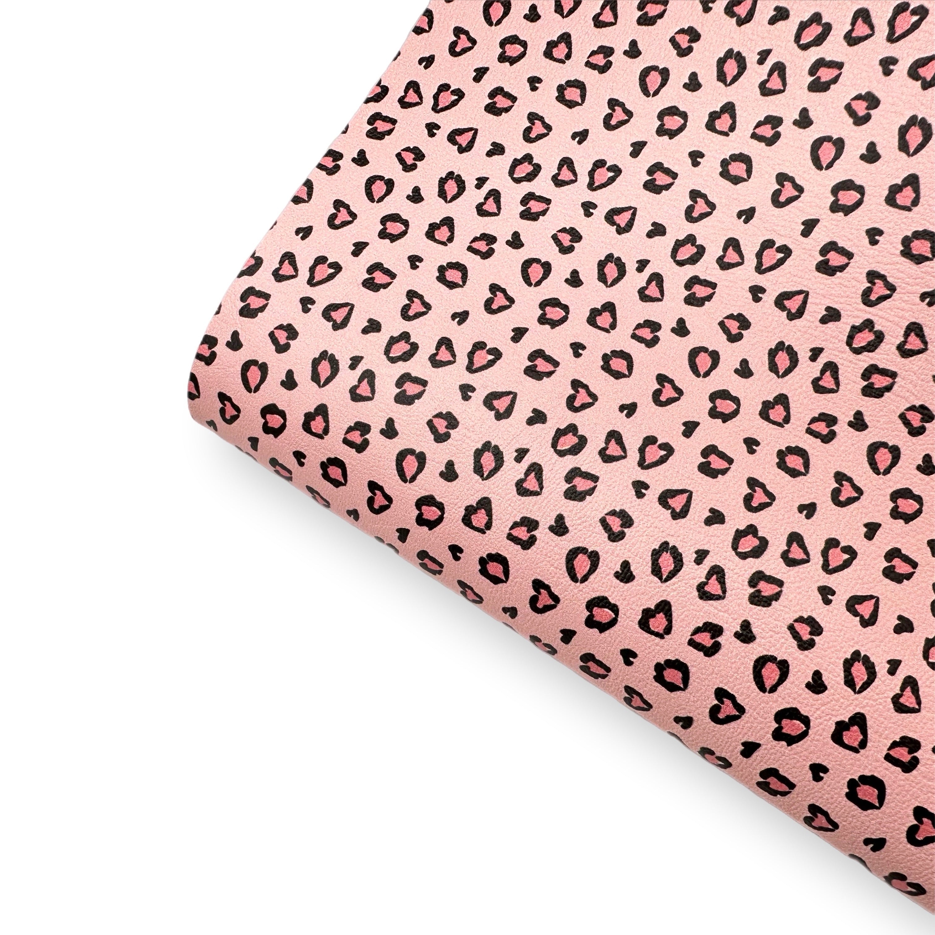 Pink Love Heart Leopard Premium Faux Leather Fabric