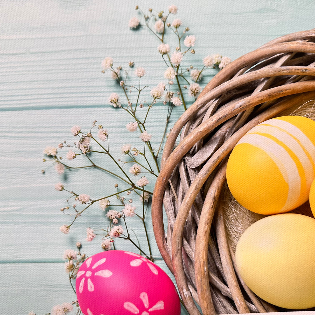 Floral Egg Basket Wooden Effect Canvas Photography Background