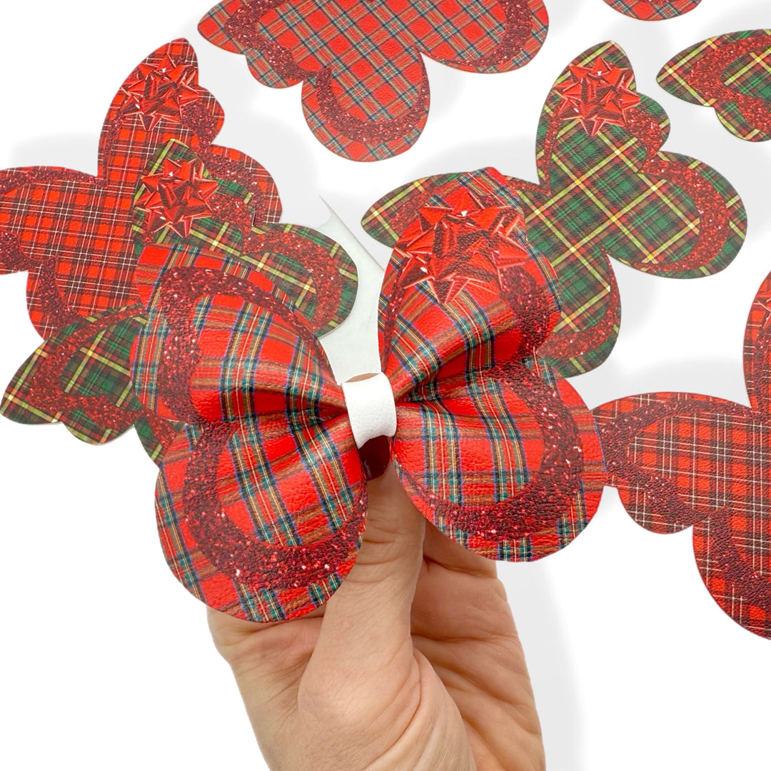 Tartan & Red Party Glitter Butterfly Pinch Bows - DIY Cut Out Faux Leather Fabric Sheets