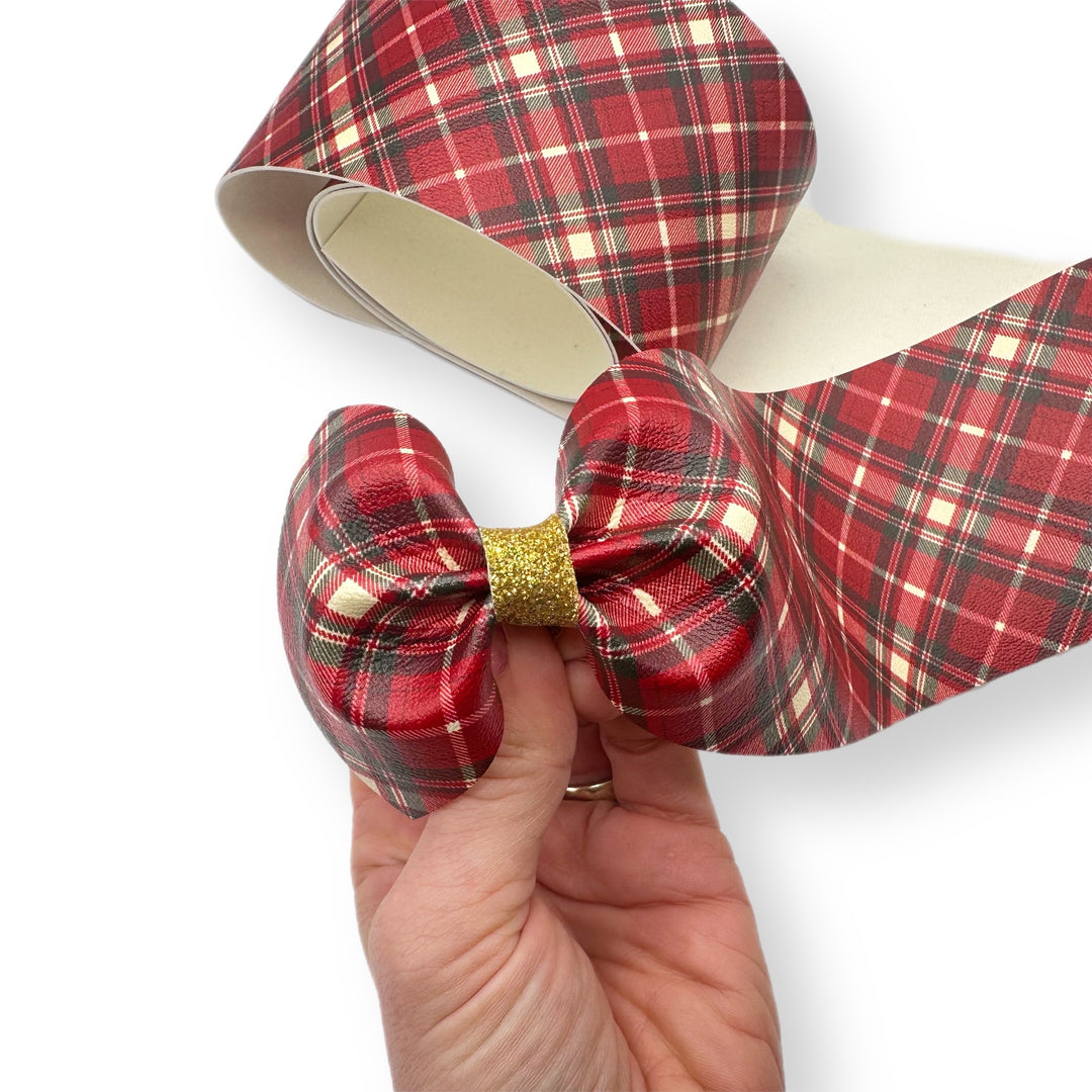 Red & Cream Tartan Faux Leather Mega Bow Strips- 2 Sizes